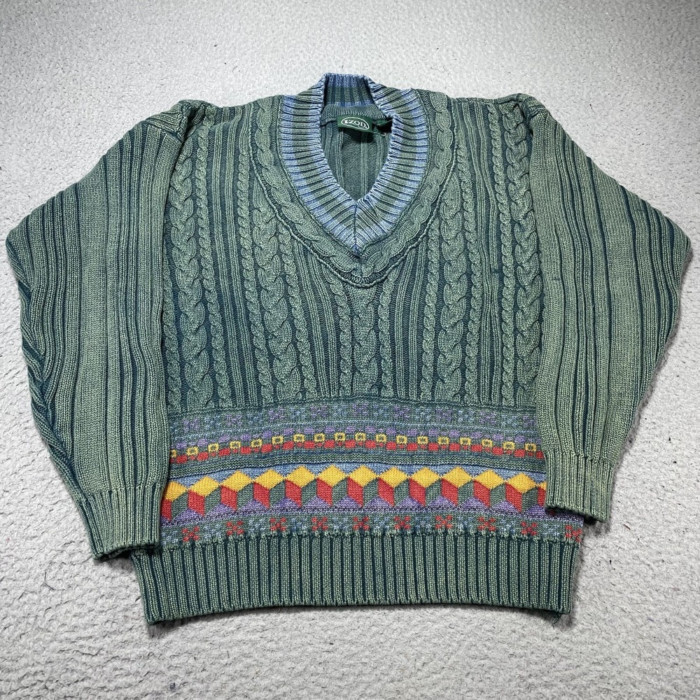 IZOD Sweater Mens Medium Green Cable Knit V Neck Pullover‎ Geometric Cotton